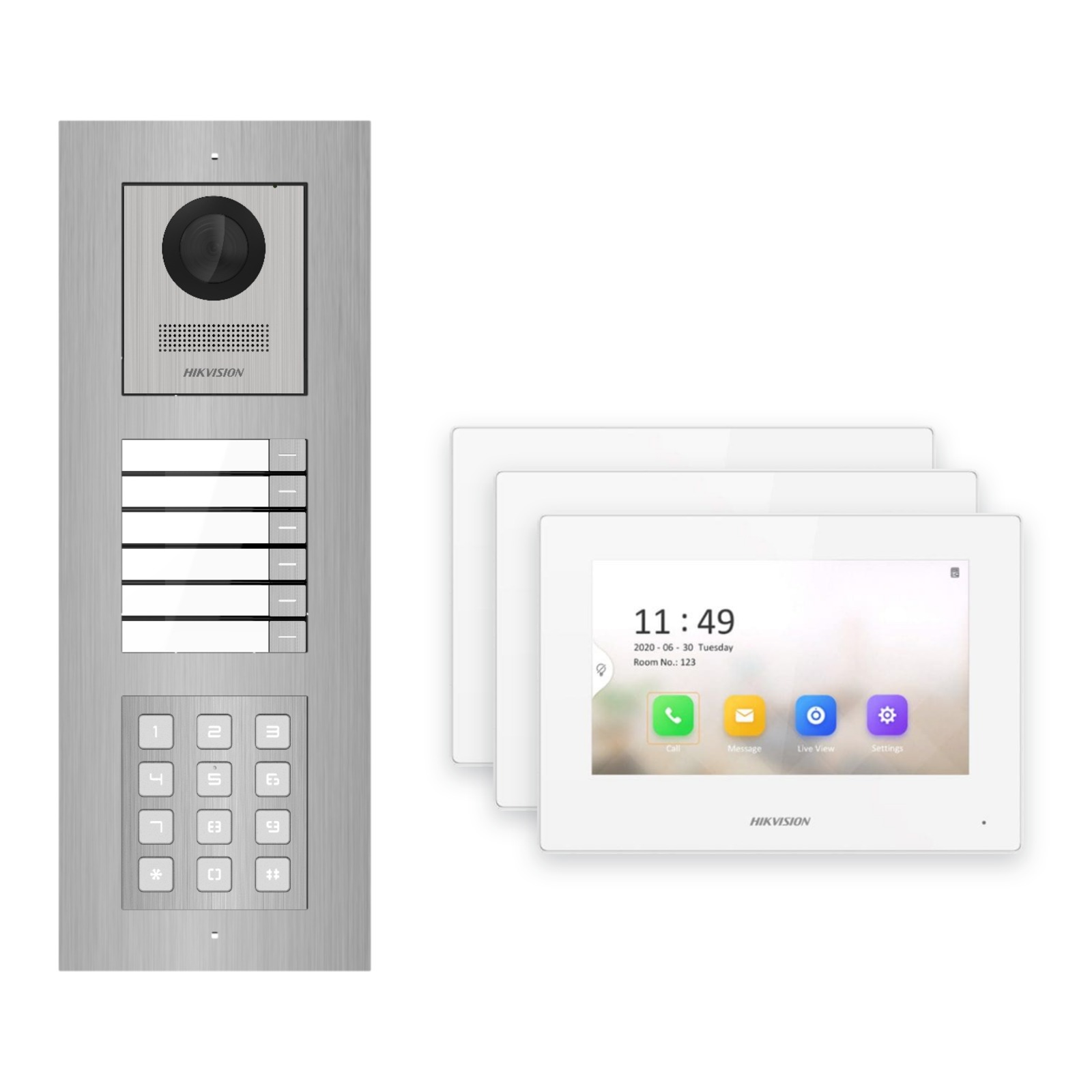 Hikvision 2-Draht-IP Video-Türsprechanlage 3-Familienhaus – Komplett-Set mit Zahlencode, Monitor weiss, Unterputz Hikvision 2-Draht-IP Video-Türsprechanlage 3-Familienhaus – Komplett-Set mit Zahlencode, Monitor weiss, Unterputz – Türstation und Innenstation