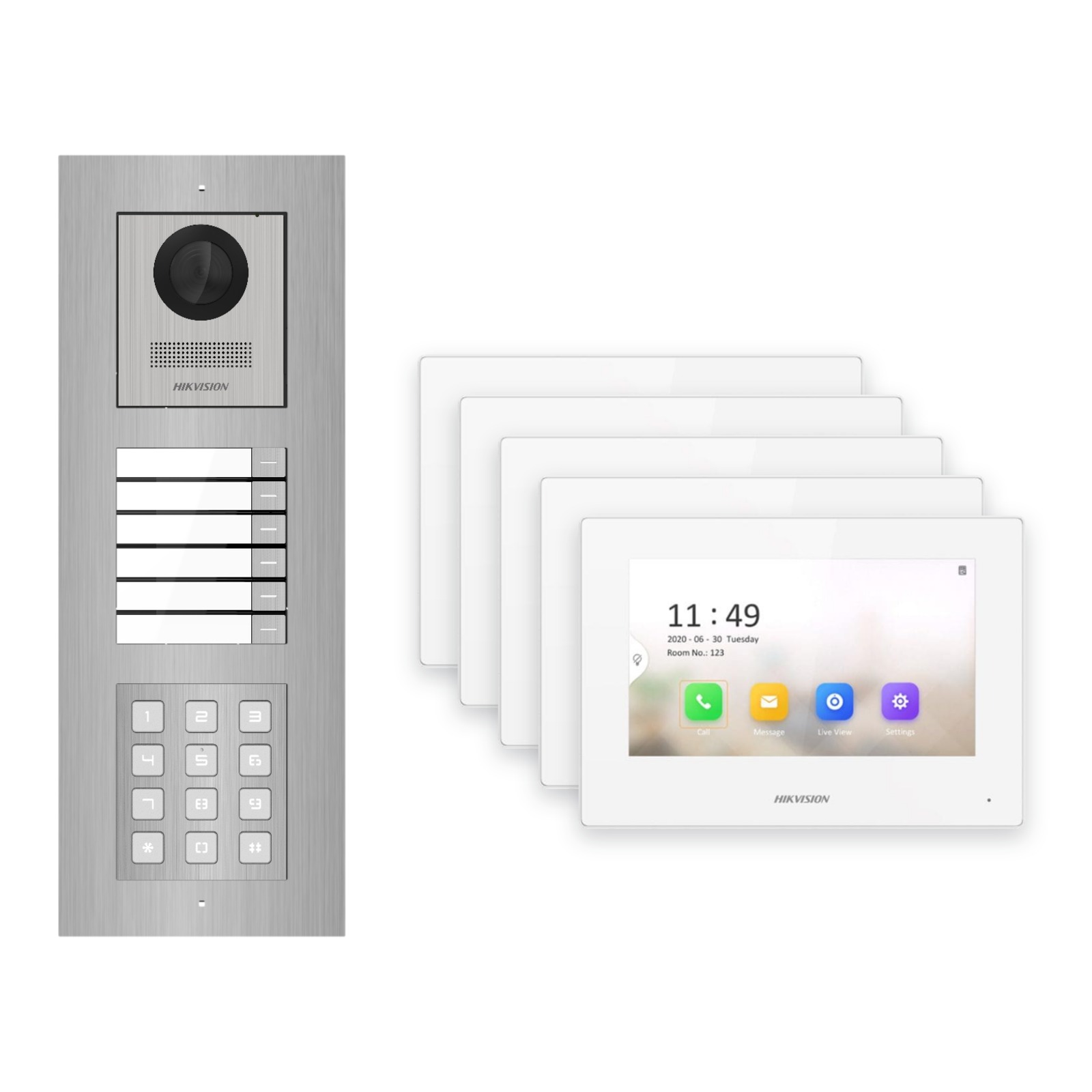 Hikvision 2-Draht-IP Video-Türsprechanlage 5-Familienhaus – Komplett-Set mit Zahlencode, Monitor weiss, Unterputz Hikvision 2-Draht-IP Video-Türsprechanlage 5-Familienhaus – Komplett-Set mit Zahlencode, Monitor weiss, Unterputz – Türstation und Innenstation