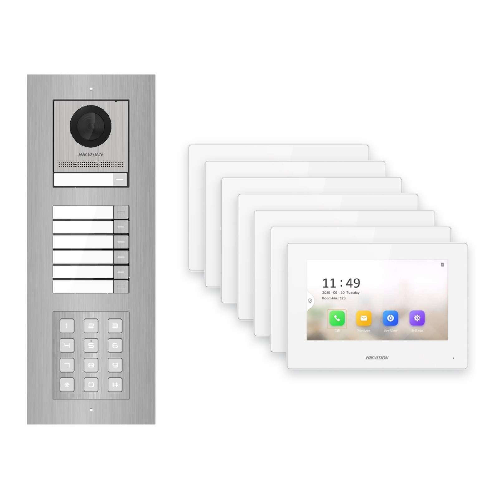 Hikvision 2-Draht-IP Video-Türsprechanlage 7-Familienhaus – Komplett-Set mit Zahlencode, Monitor weiss, Unterputz Hikvision 2-Draht-IP Video-Türsprechanlage 7-Familienhaus – Komplett-Set mit Zahlencode, Monitor weiss, Unterputz – Türstation und Innenstation