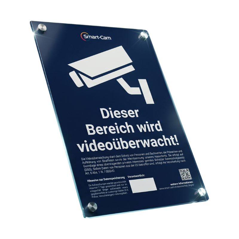 Schild Smart Cam Warnschild «Dieser Bereich wird videoüberwacht» – Aluverbund 200 × 300 mm inkl. Edelstahl-Abstandshalter – Bild 1