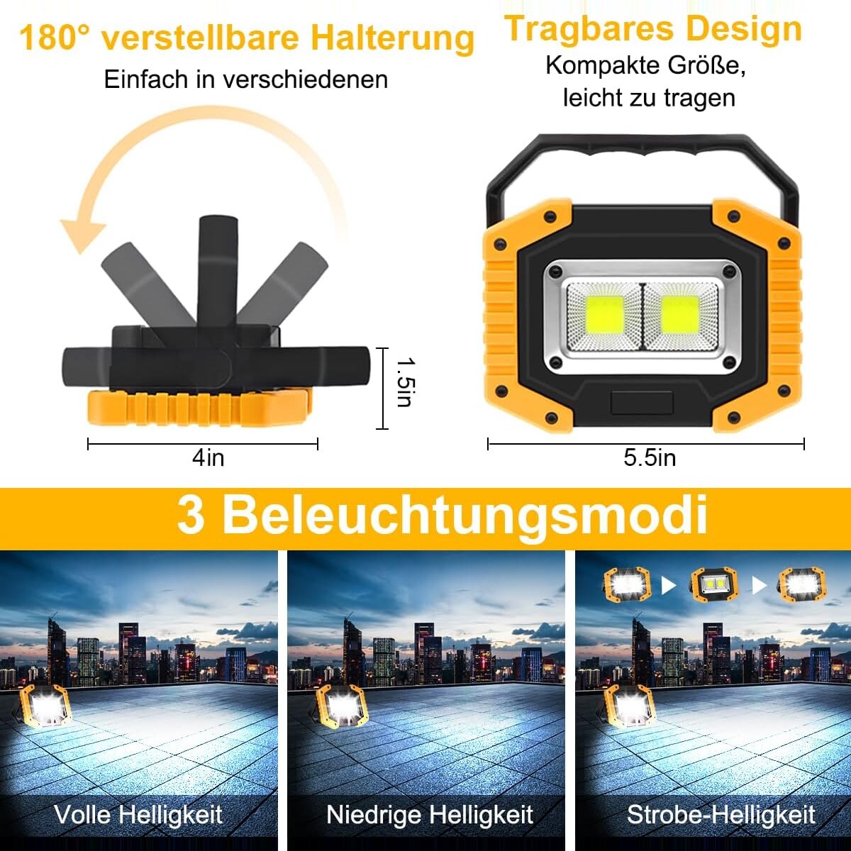 Um 180 Grad verstellbarer Standfuss, Masse 4 mal 5,5 Zoll und die drei Lichtmodi volle Helligkeit, niedrige Helligkeit und Blinken