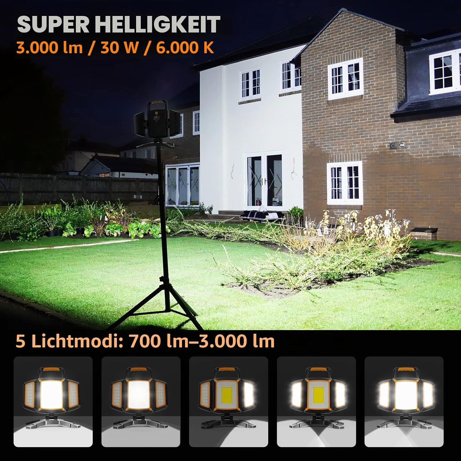Angaben 3000 Lumen bei 30 Watt und 6000 Kelvin, darunter die fuenf Lichtmodi von 700 bis 3000 Lumen