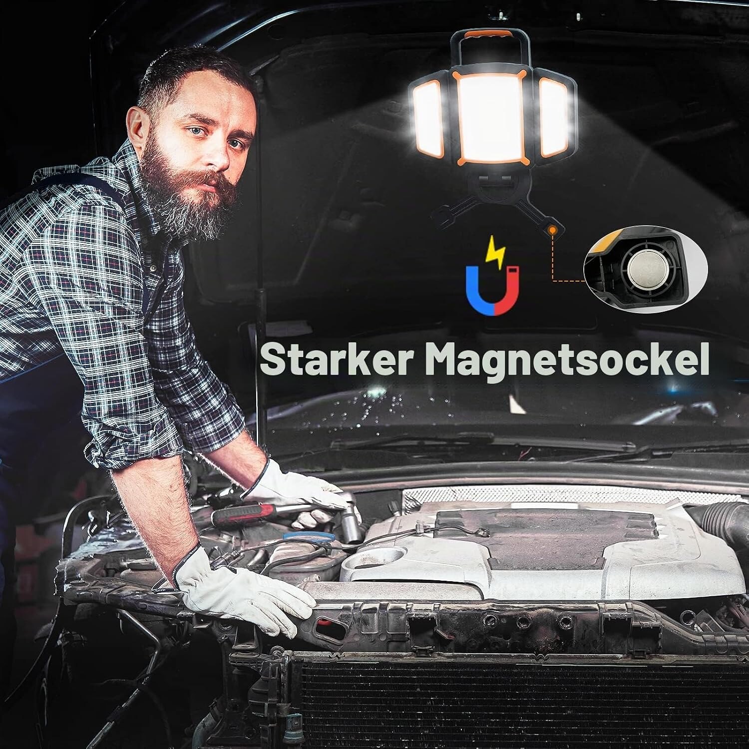 Leuchte magnetisch an einer Motorhaube befestigt, Mechaniker arbeitet darunter