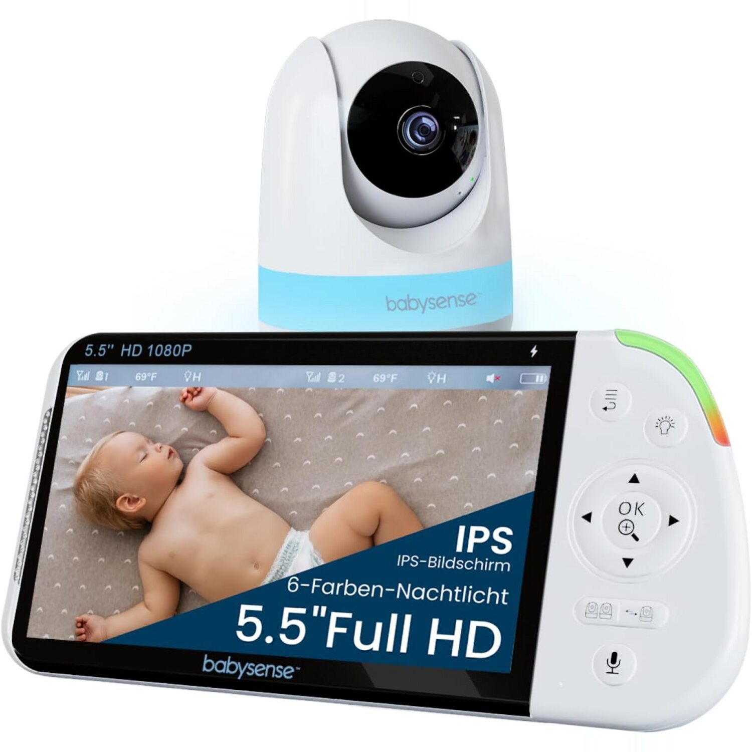 Babysense MaxView PRO Babyphone – 5,5 Zoll Full HD mit Kamera Babysense MaxView PRO: 5,5-Zoll-Full-HD-Monitor mit IPS-Display und schwenkbare Kamera mit 6-Farben-Nachtlicht