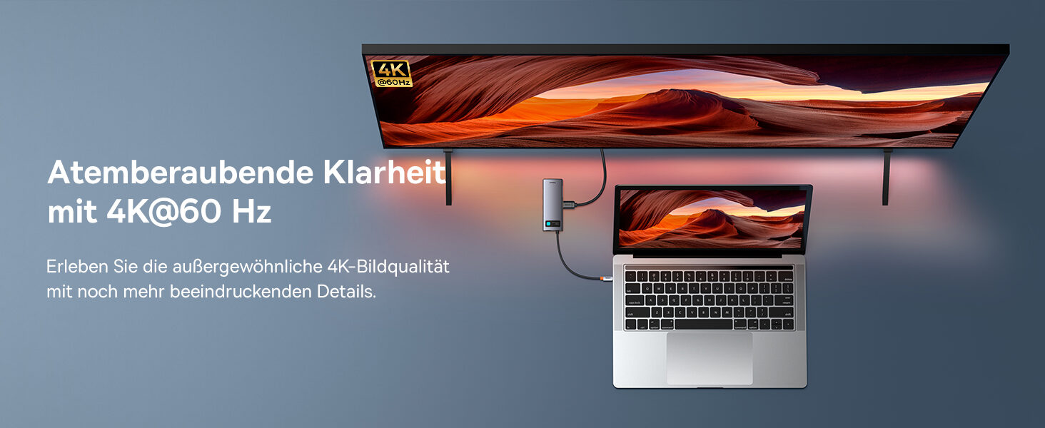 Laptop mit dem Hub an einem großen Fernseher, Bildausgabe in 4K bei 60 Hz