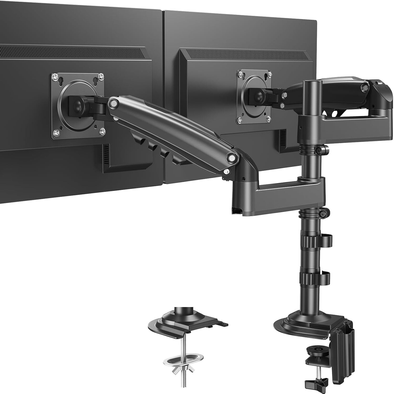 HUANUO Doppelarm-Monitorhalterung mit Gasfeder Schwarze Doppelarm-Monitorhalterung mit Gasfeder, zwei Monitore an einer Saeule, daneben beide Montagearten