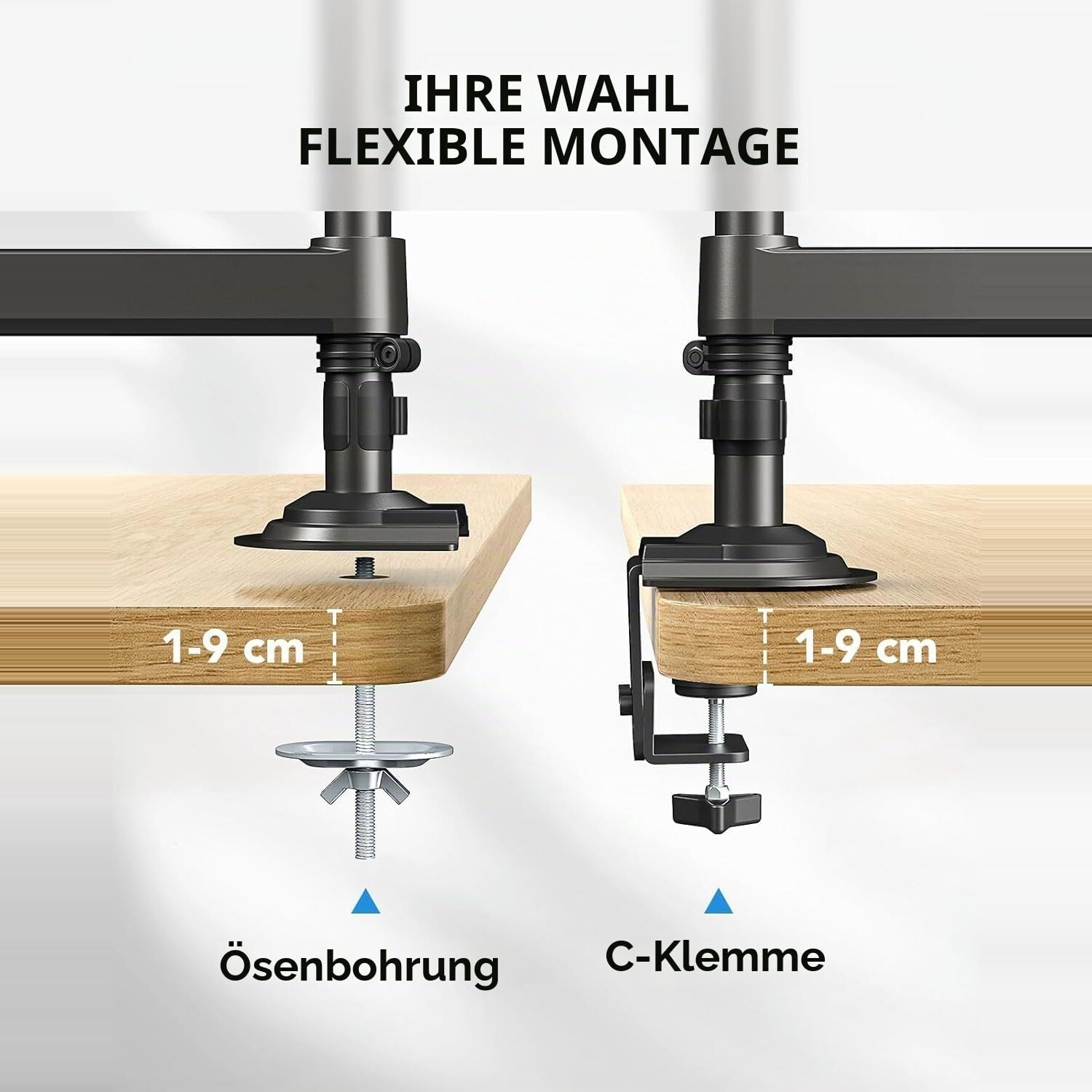 Zwei Montagearten im Schnitt: Oesenbohrung und C-Klemme, jeweils fuer Tischplatten von 1 bis 9 cm