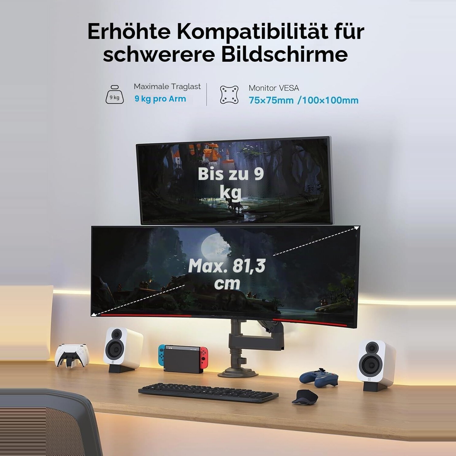 Angaben zur Belastbarkeit: 9 kg pro Arm, VESA 75x75 und 100x100 mm, Bildschirme bis 81,3 cm Diagonale