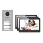 Hikvision PoE Video-Türsprechanlage 3-Familienhaus – Komplett-Set Edelstahl, DS-KH8520-WTE1, Aufputz – Türstation und Innenstation