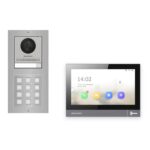 IP-PoE Video-Türsprechanlage Set · 2-Modul Aufputz Edelstahl · Tastatur · 1× Monitor – Türstation, Innenstation und Smartphone-App