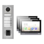 IP-PoE Video-Türsprechanlage Set · 3-Modul Aufputz Edelstahl · Klingel + Fingerprint · 3× Monitor – Türstation, Innenstation und Smartphone-App