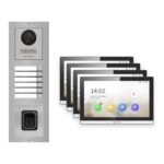 Hikvision PoE Video-Türsprechanlage 4-Familienhaus – Komplett-Set mit Fingerprint, DS-KH6350-WTE1, Aufputz – Türstation und Innenstation