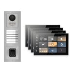 Hikvision PoE Video-Türsprechanlage 4-Familienhaus – Komplett-Set mit Fingerprint, DS-KH9570-WTE1/S, Aufputz – Türstation und Innenstation