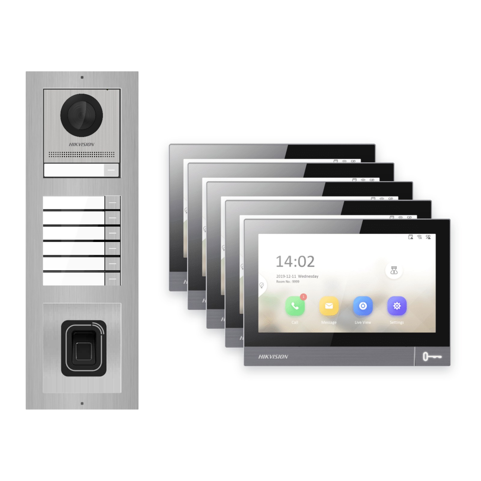 IP-PoE Video-Türsprechanlage Set · 3-Modul Aufputz Edelstahl · Klingel + Fingerprint · 5× Monitor IP-PoE Video-Türsprechanlage Set · 3-Modul Aufputz Edelstahl · Klingel + Fingerprint · 5× Monitor – Türstation, Innenstation und Smartphone-App