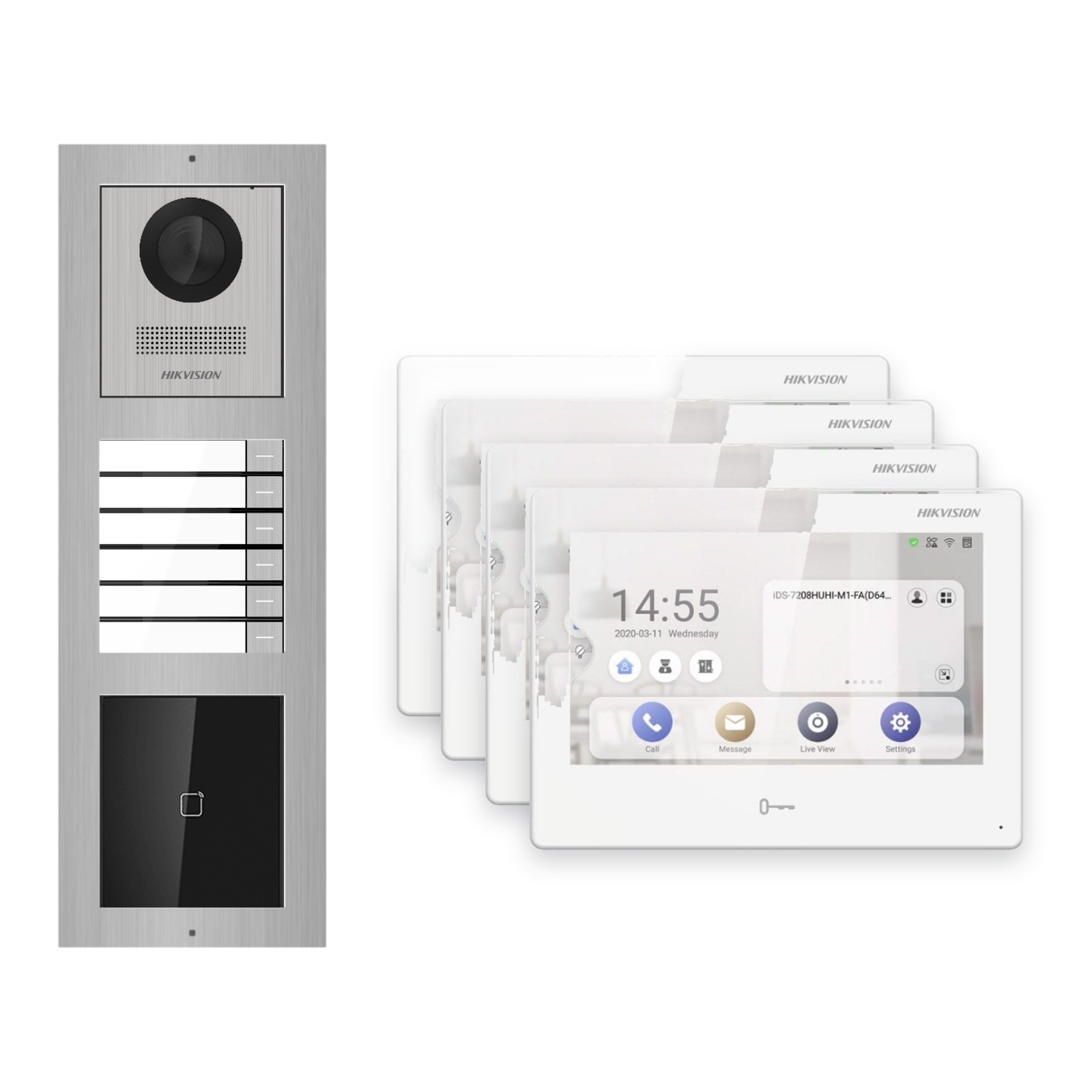 Hikvision PoE Video-Türsprechanlage 4-Familienhaus – Komplett-Set mit Kartenleser, DS-KH9310-WTE1(B), Aufputz Hikvision PoE Video-Türsprechanlage 4-Familienhaus – Komplett-Set mit Kartenleser, DS-KH9310-WTE1(B), Aufputz – Türstation und Innenstation