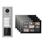 Hikvision PoE Video-Türsprechanlage 4-Familienhaus – Komplett-Set mit Kartenleser, DS-KH9570-WTE1/S, Aufputz – Türstation und Innenstation