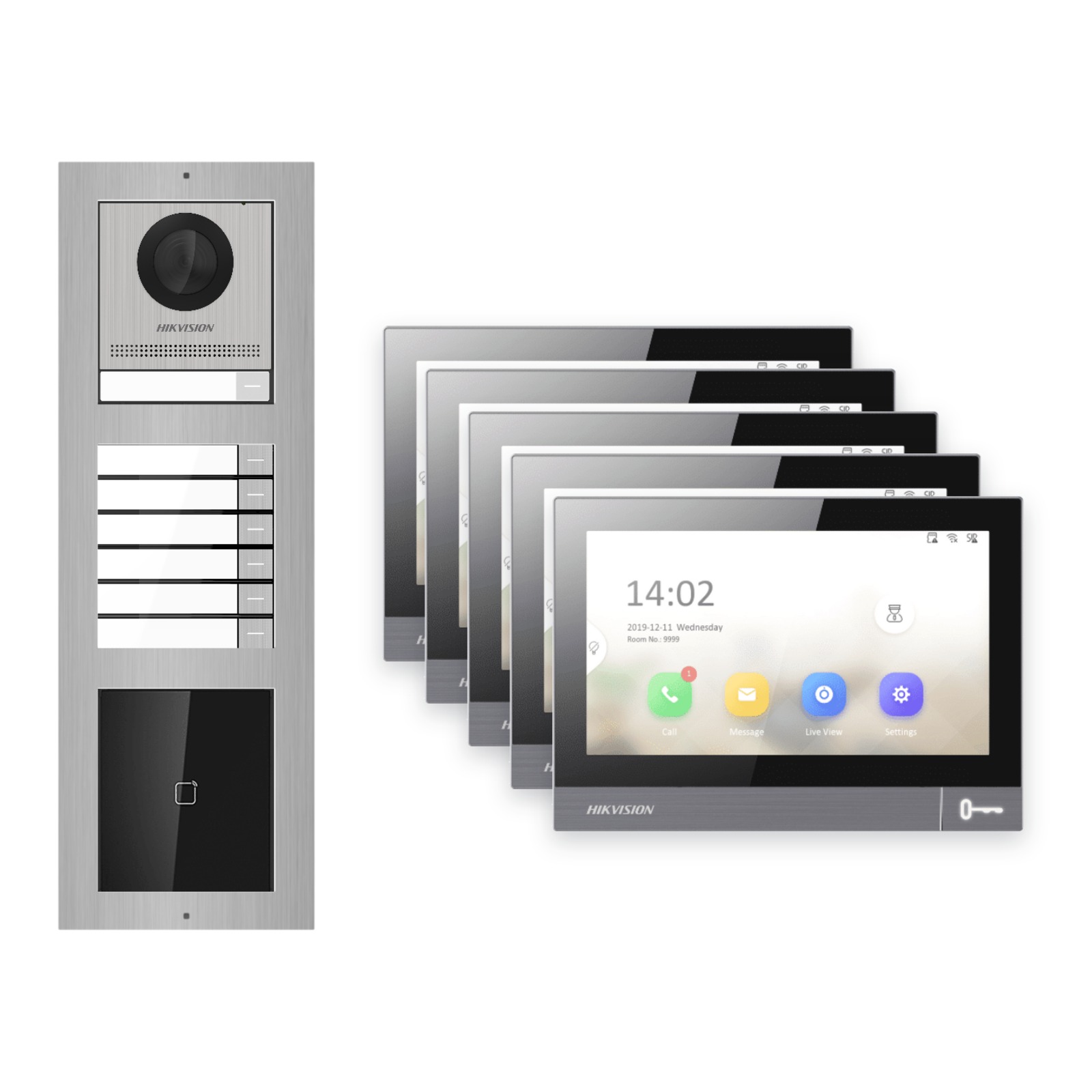 IP-PoE Video-Türsprechanlage Set · 3-Modul Aufputz Edelstahl · Klingel + Kartenleser · 5× Monitor IP-PoE Video-Türsprechanlage Set · 3-Modul Aufputz Edelstahl · Klingel + Kartenleser · 5× Monitor – Türstation, Innenstation und Smartphone-App