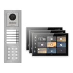 Hikvision PoE Video-Türsprechanlage 3-Familienhaus – Komplett-Set mit Zahlencode, DS-KH9570-WTE1/S, Aufputz – Türstation und Innenstation