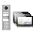 IP-PoE Video-Türsprechanlage Set · 3-Modul Aufputz Edelstahl · Klingel + Tastatur · 4× Monitor – Türstation, Innenstation und Smartphone-App