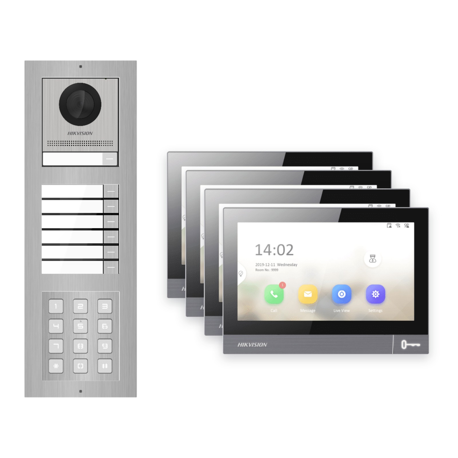 IP-PoE Video-Türsprechanlage Set · 3-Modul Aufputz Edelstahl · Klingel + Tastatur · 4× Monitor IP-PoE Video-Türsprechanlage Set · 3-Modul Aufputz Edelstahl · Klingel + Tastatur · 4× Monitor – Türstation, Innenstation und Smartphone-App