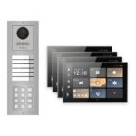 Hikvision PoE Video-Türsprechanlage 4-Familienhaus – Komplett-Set mit Zahlencode, DS-KH9570-WTE1/S, Aufputz – Türstation und Innenstation