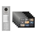 Hikvision PoE Video-Türsprechanlage 5-Familienhaus – Komplett-Set mit Zahlencode, DS-KH9570-WTE1/S, Aufputz – Türstation und Innenstation