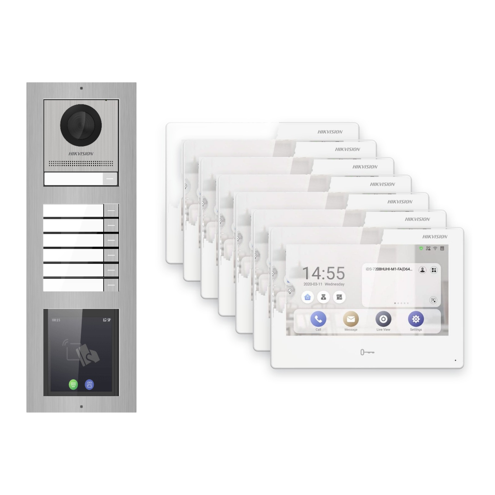 Hikvision PoE Video-Türsprechanlage 7-Familienhaus – Komplett-Set mit Touch-Display, DS-KH9310-WTE1(B), Aufputz Hikvision PoE Video-Türsprechanlage 7-Familienhaus – Komplett-Set mit Touch-Display, DS-KH9310-WTE1(B), Aufputz – Türstation und Innenstation