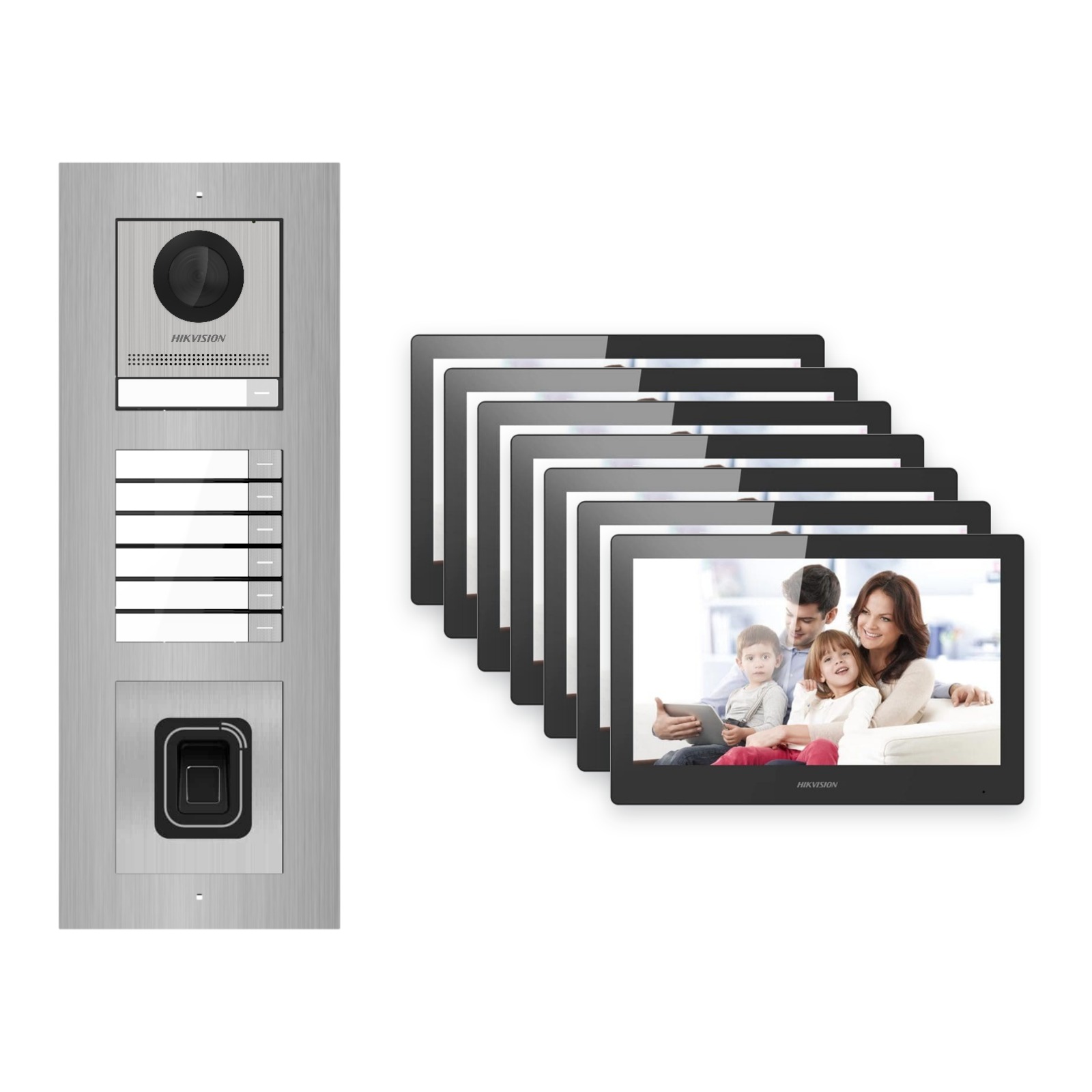 Hikvision PoE Video-Türsprechanlage 7-Familienhaus – Komplett-Set mit Fingerprint, DS-KH8520-WTE1, Unterputz Hikvision PoE Video-Türsprechanlage 7-Familienhaus – Komplett-Set mit Fingerprint, DS-KH8520-WTE1, Unterputz – Türstation und Innenstation