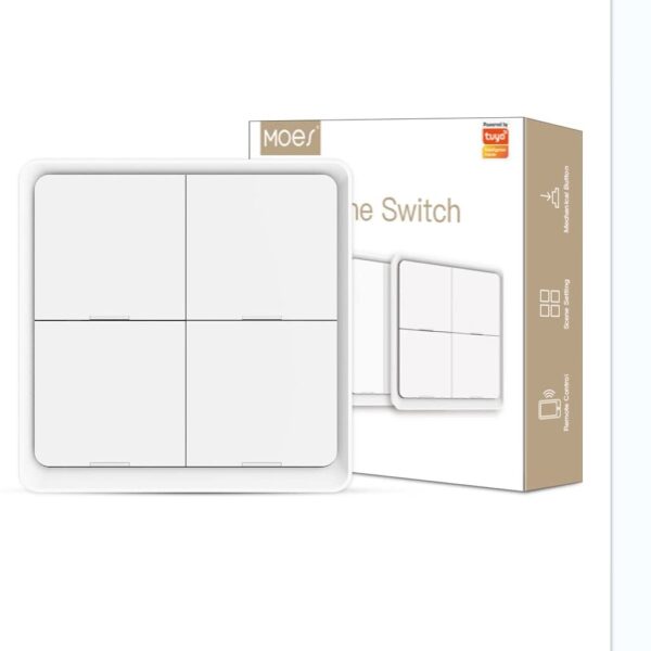 Weisser MOES ZigBee Szenenschalter mit vier Tasten neben seiner Verpackung