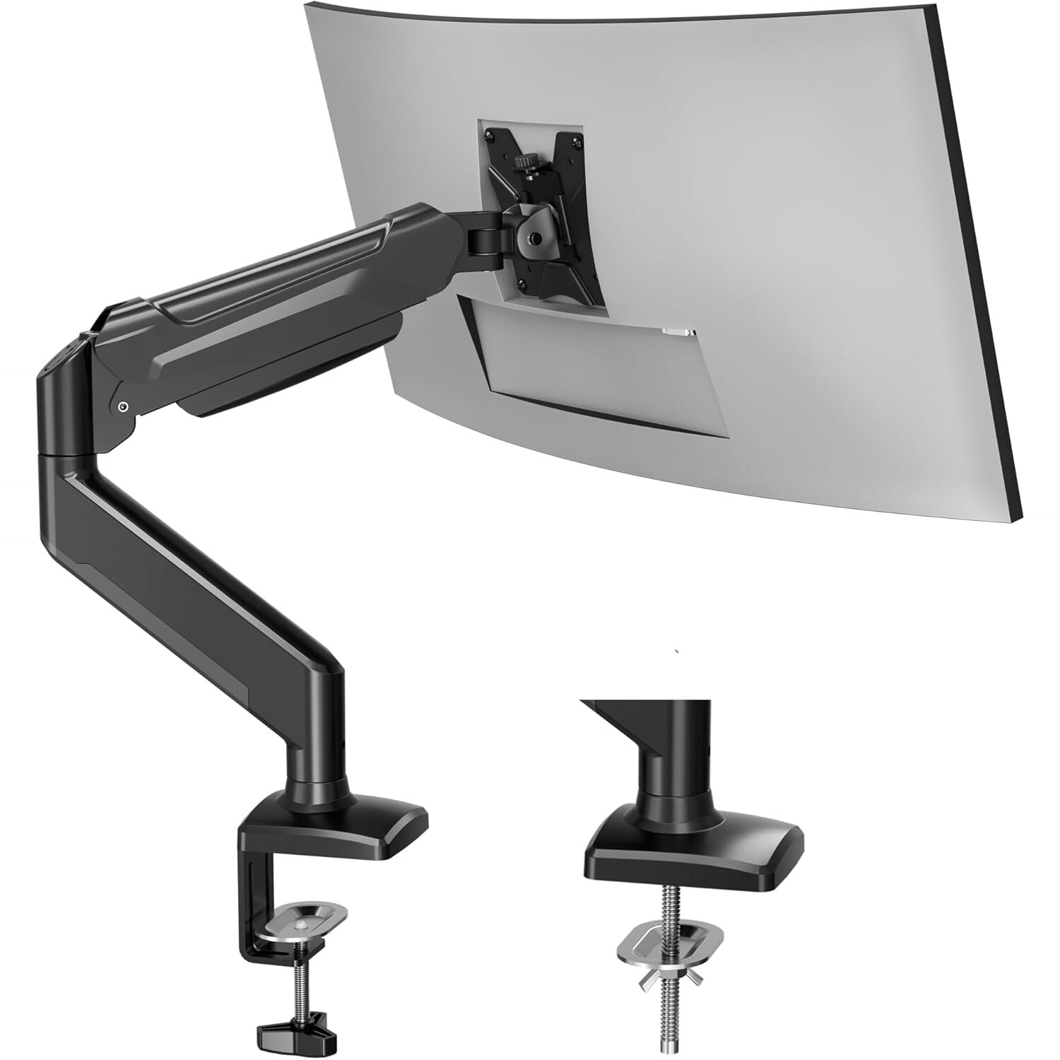 Schwarzer Monitorarm mit Gasfeder und Tischklemme, daran ein Curved-Monitor