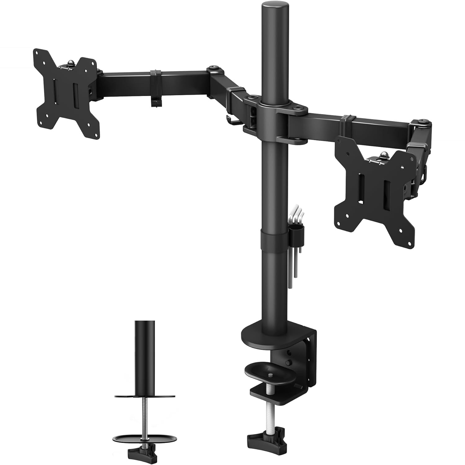 Schwarze Doppelarm-Monitorhalterung aus Stahl mit Tischklemme und zwei VESA-Platten