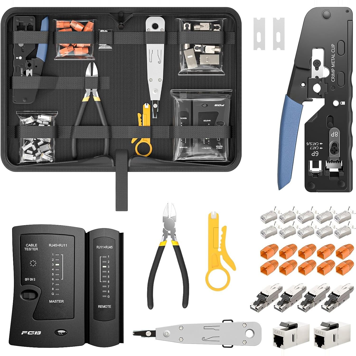 Netzwerk-Werkzeugset – Inhalt der Tasche Geoeffnete Werkzeugtasche mit Pass-Through-Crimpzange, Kabeltester, LSA-Werkzeug, Abisolierer, Seitenschneider, CAT7-Steckern und Keystone-Modulen