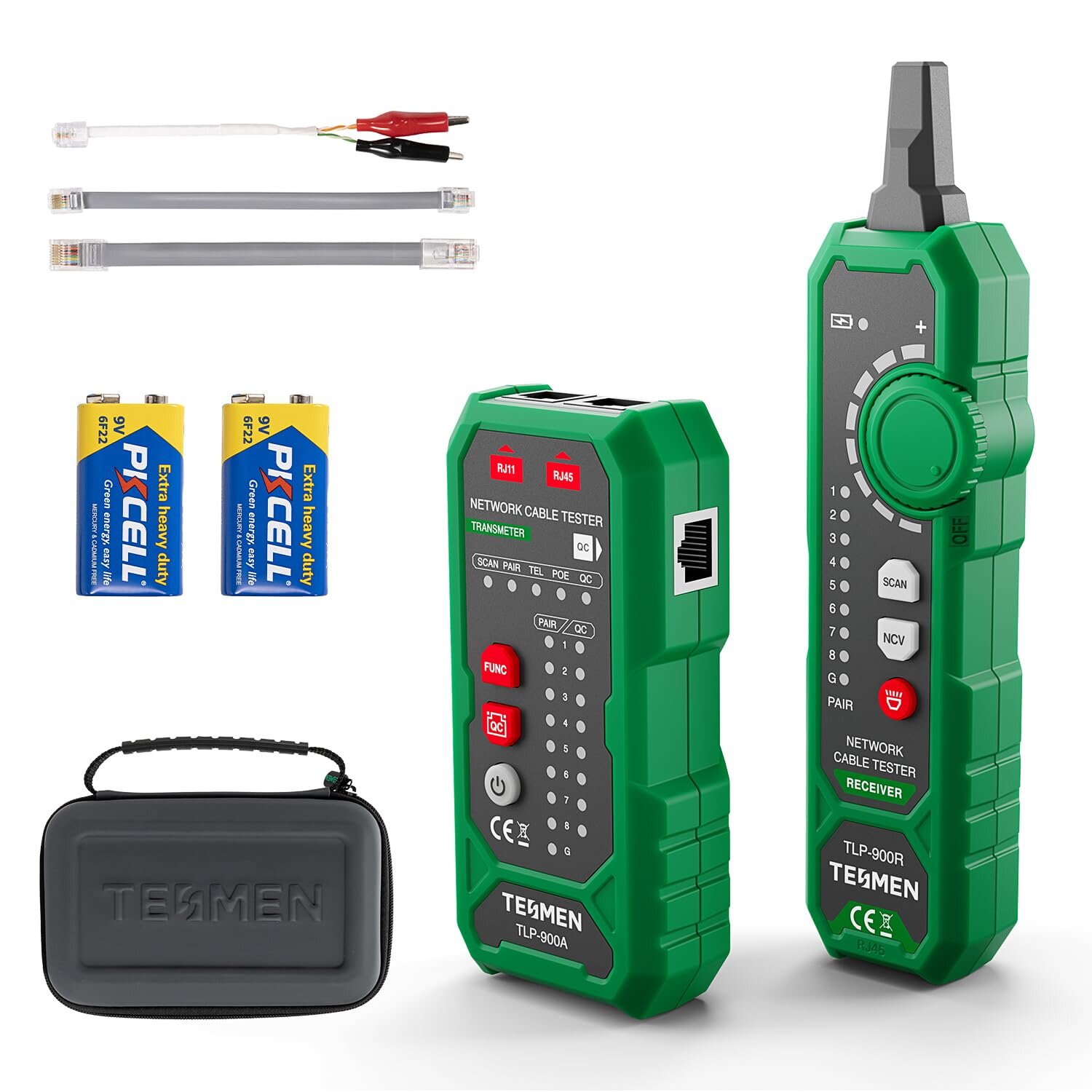 Netzwerkkabeltester TLP-900AR – Set mit Koffer Sender, Empfaenger, Adapterkabel, Krokodilklemmen, zwei 9-V-Batterien und Hartschalenkoffer