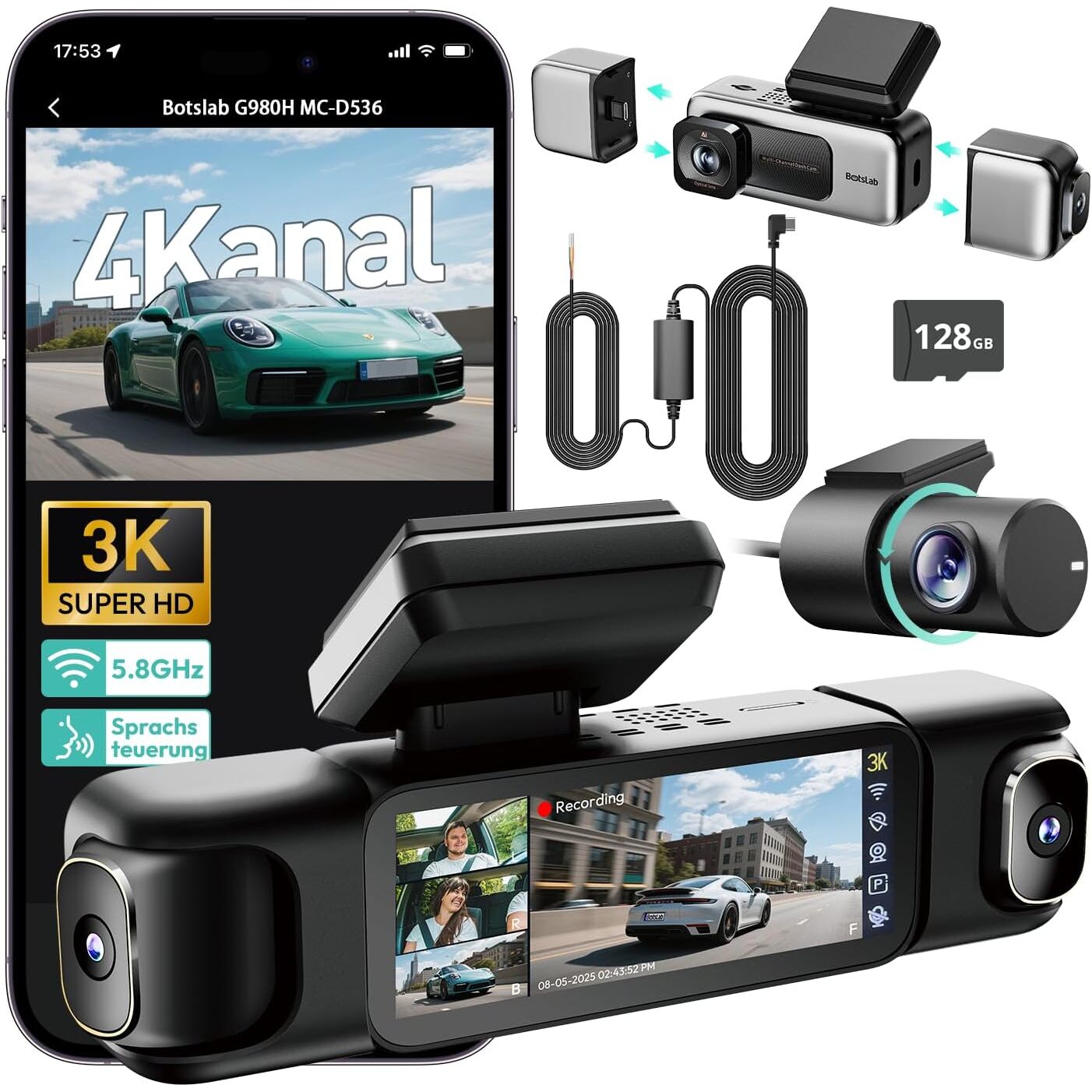BOTSLAB 4-Kanal-Dashcam mit 560 Grad Rundumsicht
