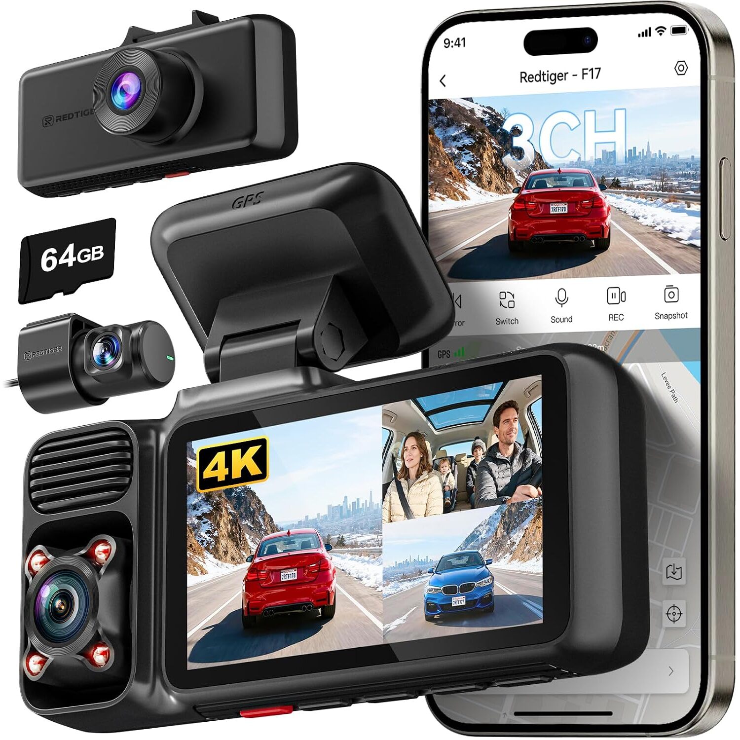 REDTIGER F17 3-Kanal-Dashcam mit Innenraumkamera