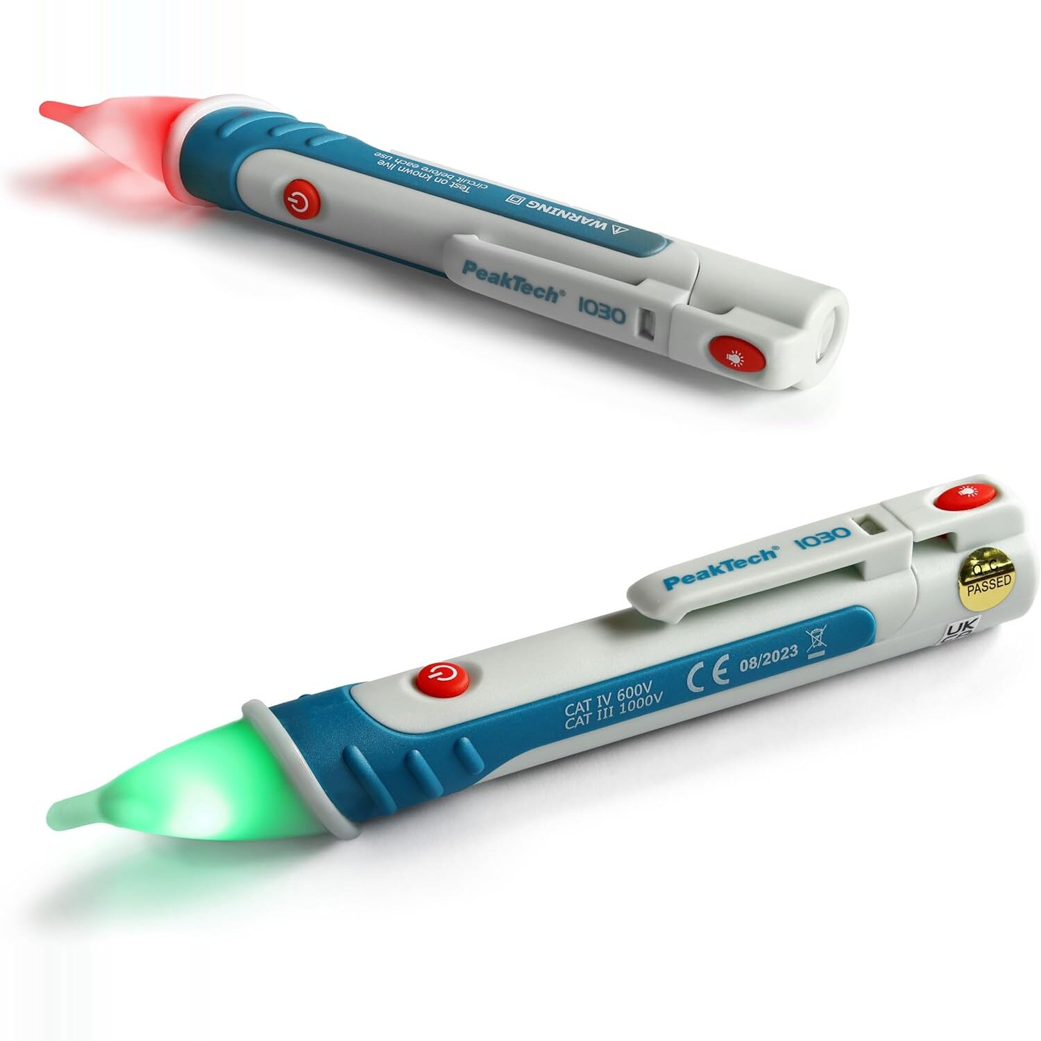 PeakTech P 1030 – rote und grüne Prüfspitze PeakTech P 1030 in zwei Ansichten mit rot und gruen leuchtender Pruefspitze, Aufdruck CAT IV 600 V und CAT III 1000 V