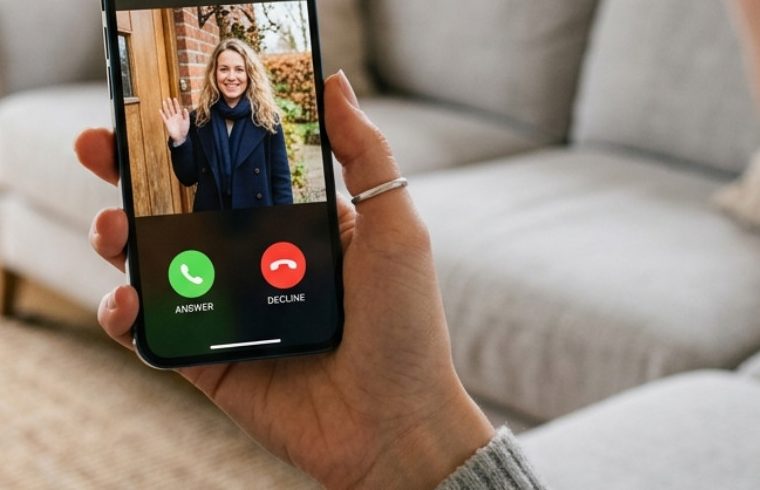 Besucher klingelt, die Bewohnerin sieht ihn auf dem Handy