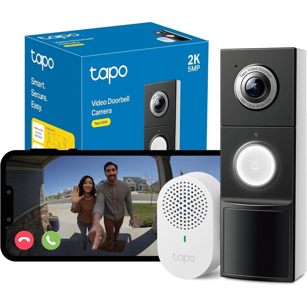 Verpackung und Lieferumfang der TP-Link Tapo D235 mit Gong und Smartphone-Ansicht