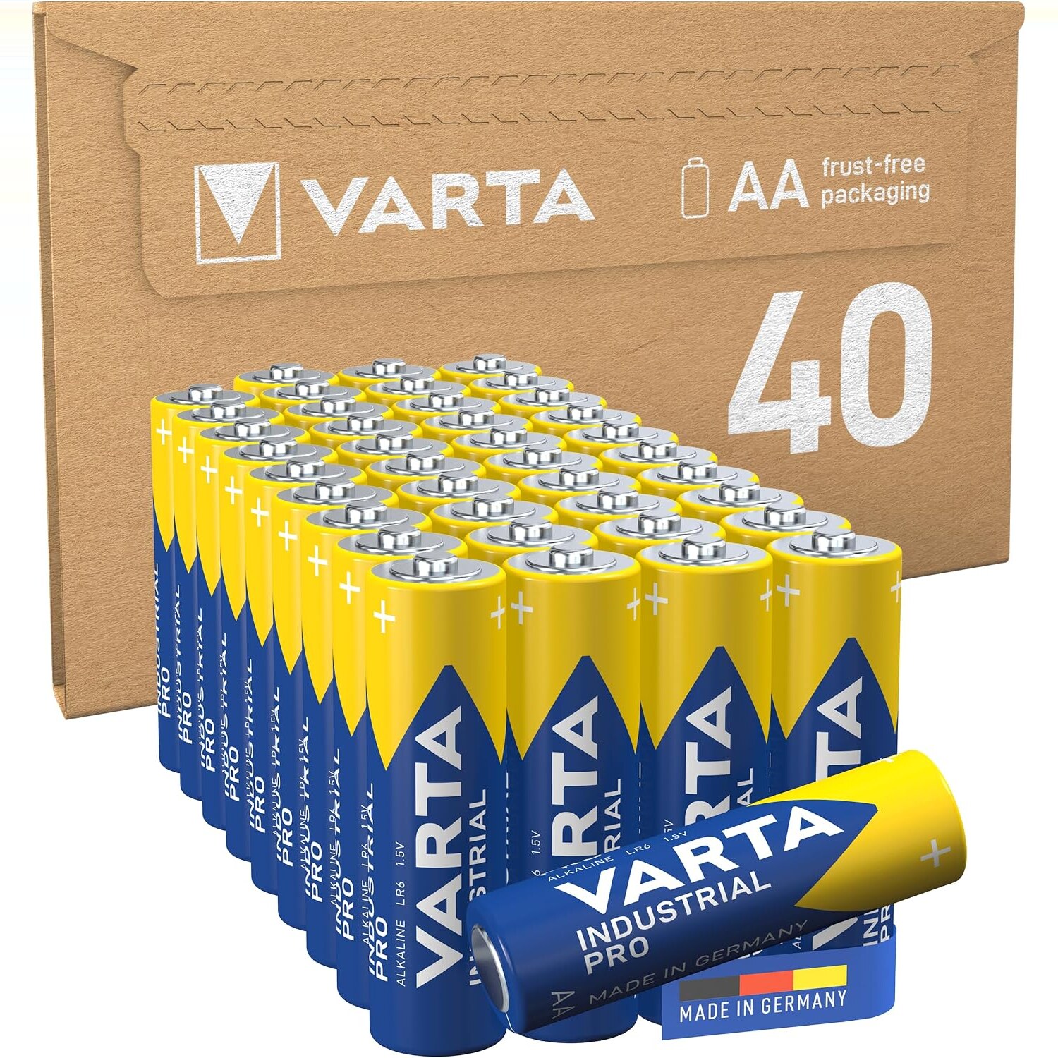 VARTA Industrial Pro AA im 40er-Vorratspack Vierzig VARTA Industrial Pro AA-Batterien vor der Kartonverpackung mit der Aufschrift 40