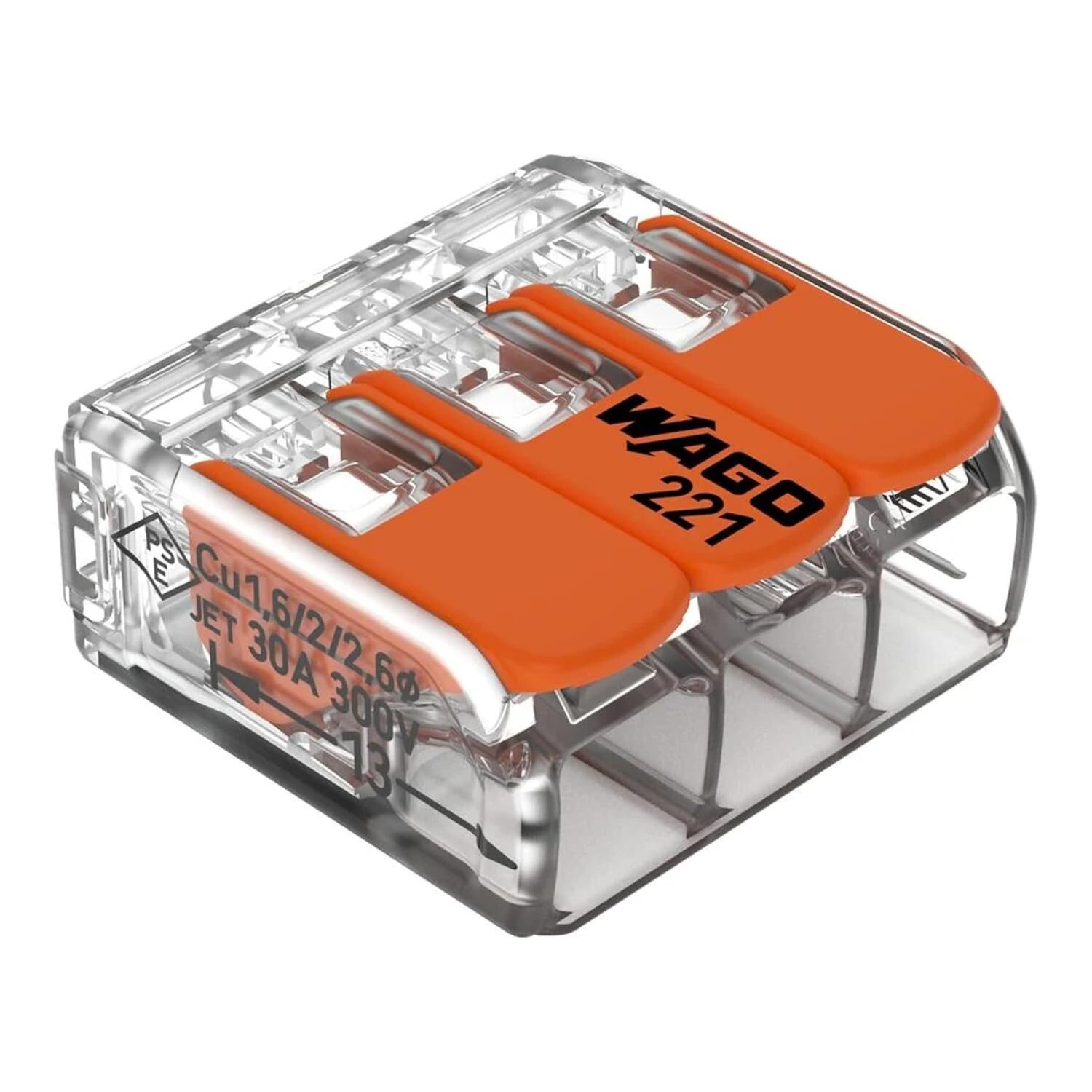 WAGO 221-613 Verbindungsklemme, 3-Leiter WAGO COMPACT Verbindungsklemme 221-613 mit drei orangen Hebeln und transparentem Gehaeuse