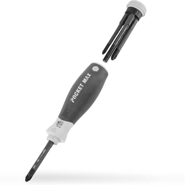 Wiha PocketMax electric Schraubendreher in Rot und Gelb mit vier daneben aufgefaecherten slimBits